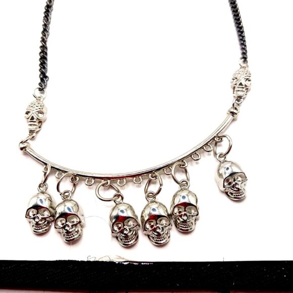 Six Skull Goth Semi Circular Bib Silver + Black Tone Necklace-19 inches - Picture 7 of 7